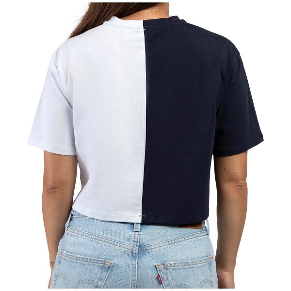back view of model wearing women's Hype and Vice short sleeve crop t-shirt colorblock Penn State